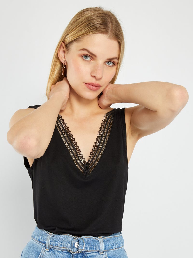 Débardeur stretch avec dentelle noir - Kiabi