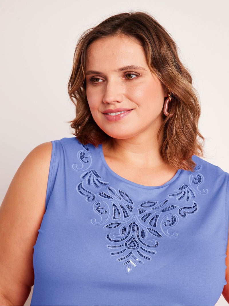 Débardeur uni court brodé sequins Bleu - Kiabi
