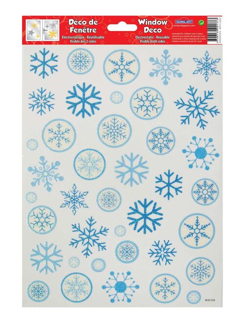Décoration de fenêtre électrostatique Noël - Flocons paillettes bleues - Kiabi
