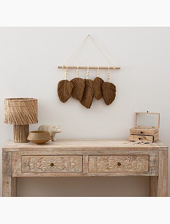 Décoration murale feuilles tissu sur baguette bois ODINA