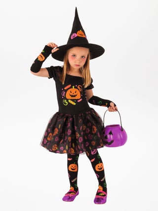 Déguisement de sorcière + robe + gants + chapeau