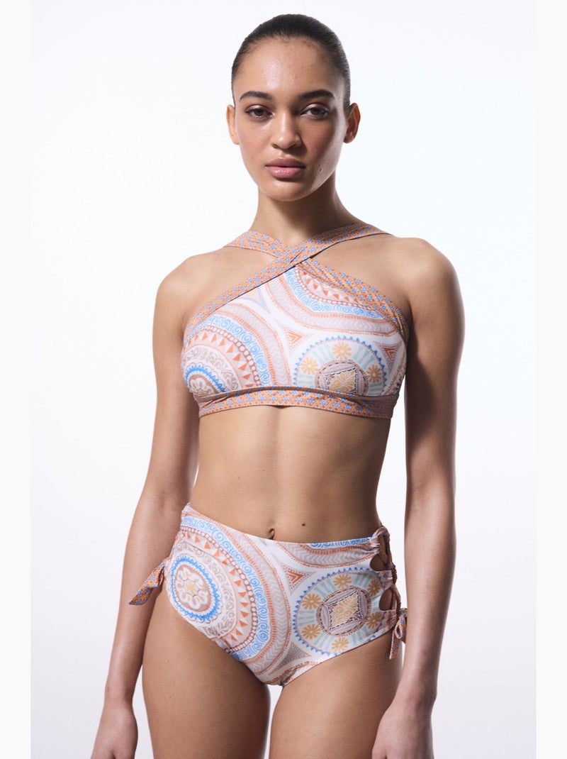 Della haut de bikini à motif ethnique et col halter penti Blanc Orange Bleu - Kiabi
