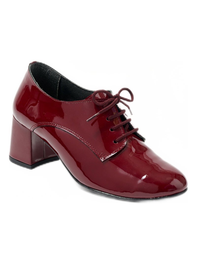 Derbies lacées à talons largeur confort cuir vernis Bordeaux - Kiabi