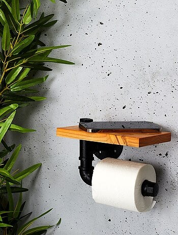 Dérouleur papier WC en bois de pin et métal - Marron et noir