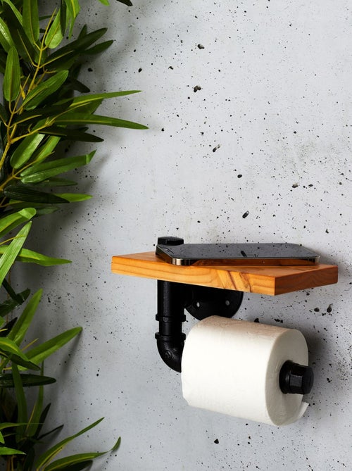 Dérouleur papier WC en bois de pin et métal - Marron et noir - Kiabi