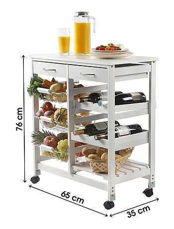 Desserte 2 tiroirs 3 paniers métal blanc