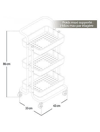 Desserte, chariot de rangement à roulettes avec poignée - 3 étagères - Vivezen