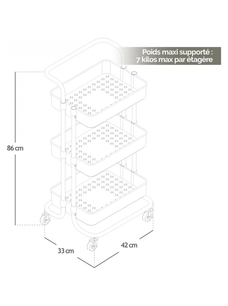Desserte, chariot de rangement à roulettes avec poignée - 3 étagères - Vivezen Noir - Kiabi