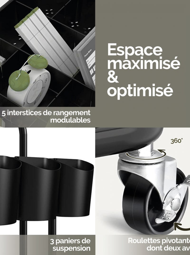 Desserte, chariot de rangement à roulettes avec poignée - 3 étagères - Vivezen Noir - Kiabi