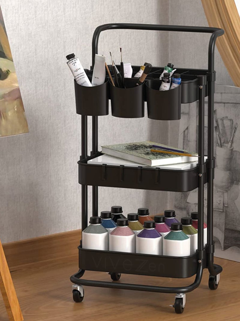 Desserte, chariot de rangement à roulettes avec poignée - 3 étagères - Vivezen Noir - Kiabi