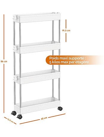 Desserte, chariot de rangement à roulettes étroit - 4 étagères - Linxor