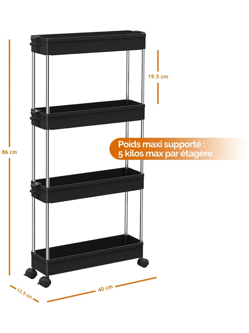 Desserte, chariot de rangement à roulettes étroit - 4 étagères - Linxor Noir - Kiabi