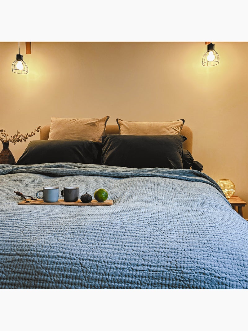 Dessus de lit réversible en coton nid d'abeille Bleu - Kiabi