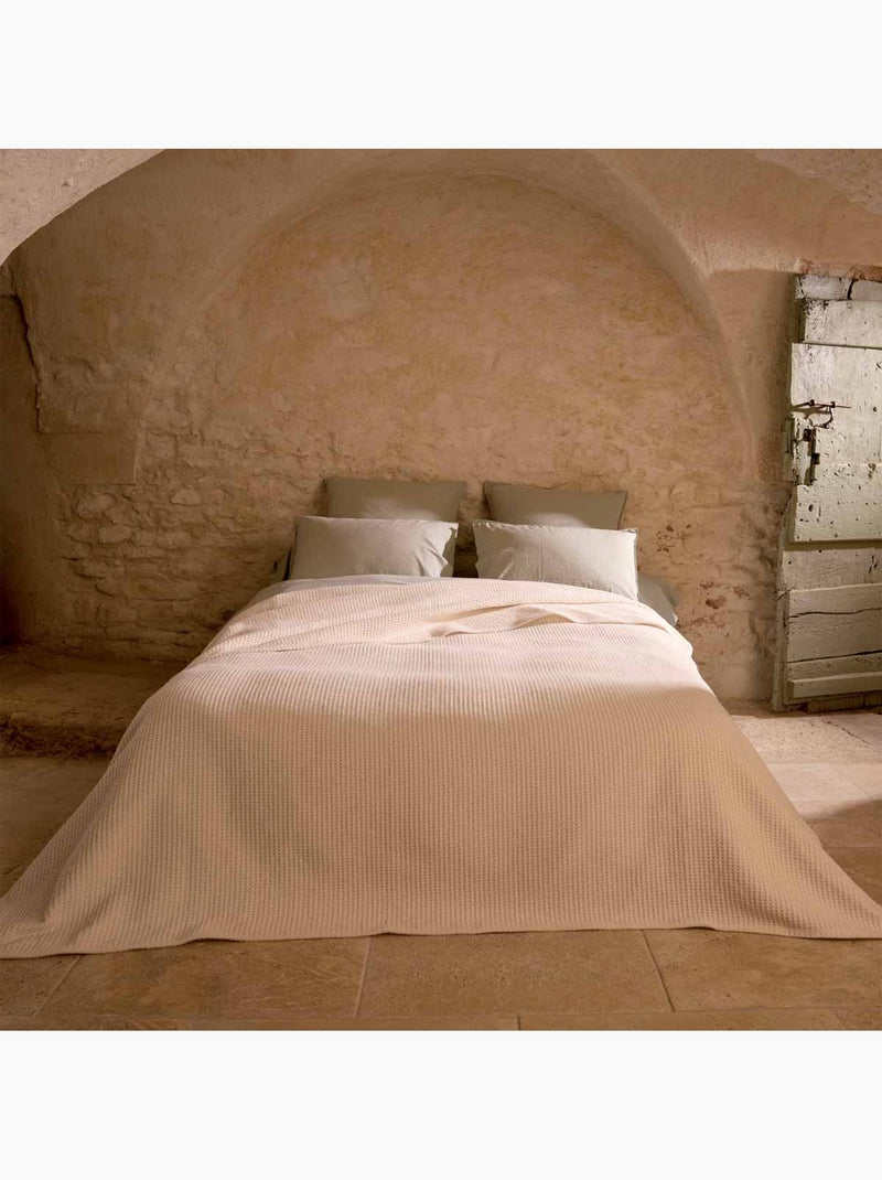 Dessus de lit tissé en coton recyclé motif nid d’abeille Crème - Kiabi