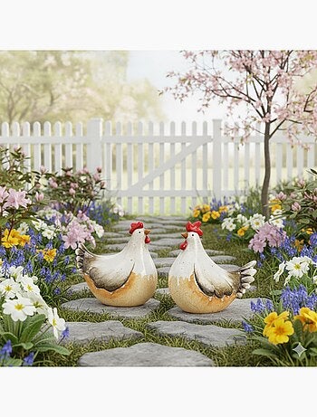 Deux décoration de jardin coq & poule en céramique