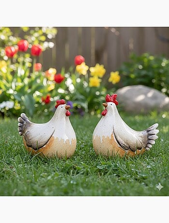 Deux décoration de jardin coq & poule en céramique