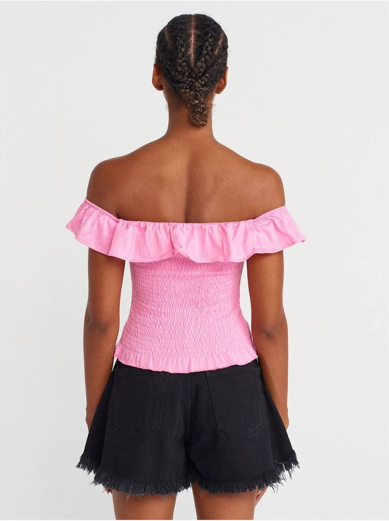 DILVIN Blouse Courte Femme À Épaules Dénudées, Côtelée Rose fluo/Solinotes - Kiabi