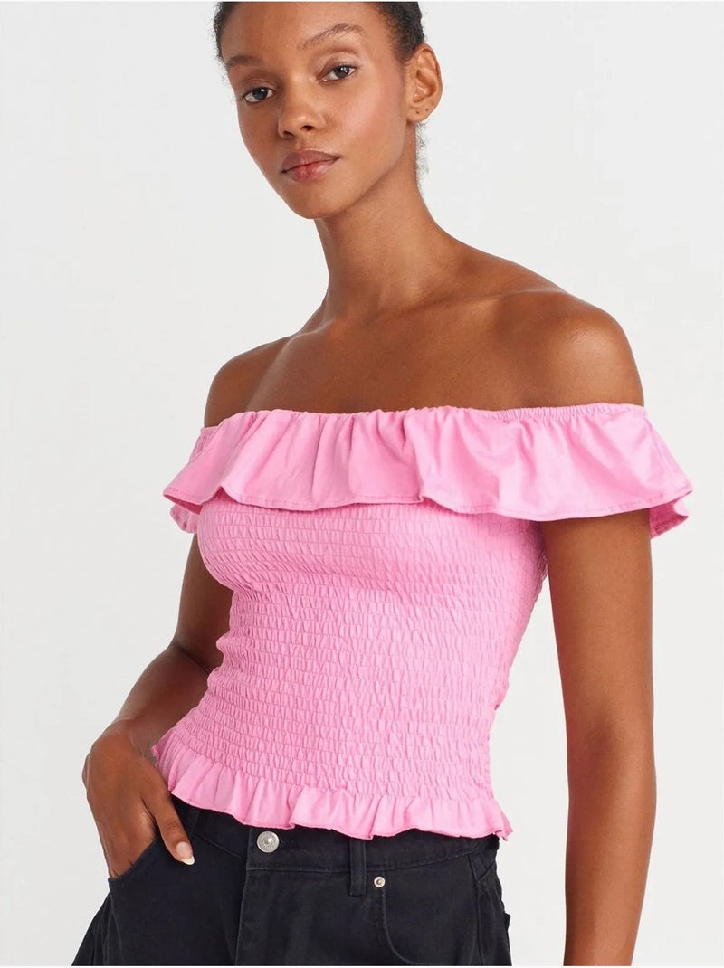 DILVIN Blouse Courte Femme À Épaules Dénudées, Côtelée Rose fluo/Solinotes - Kiabi