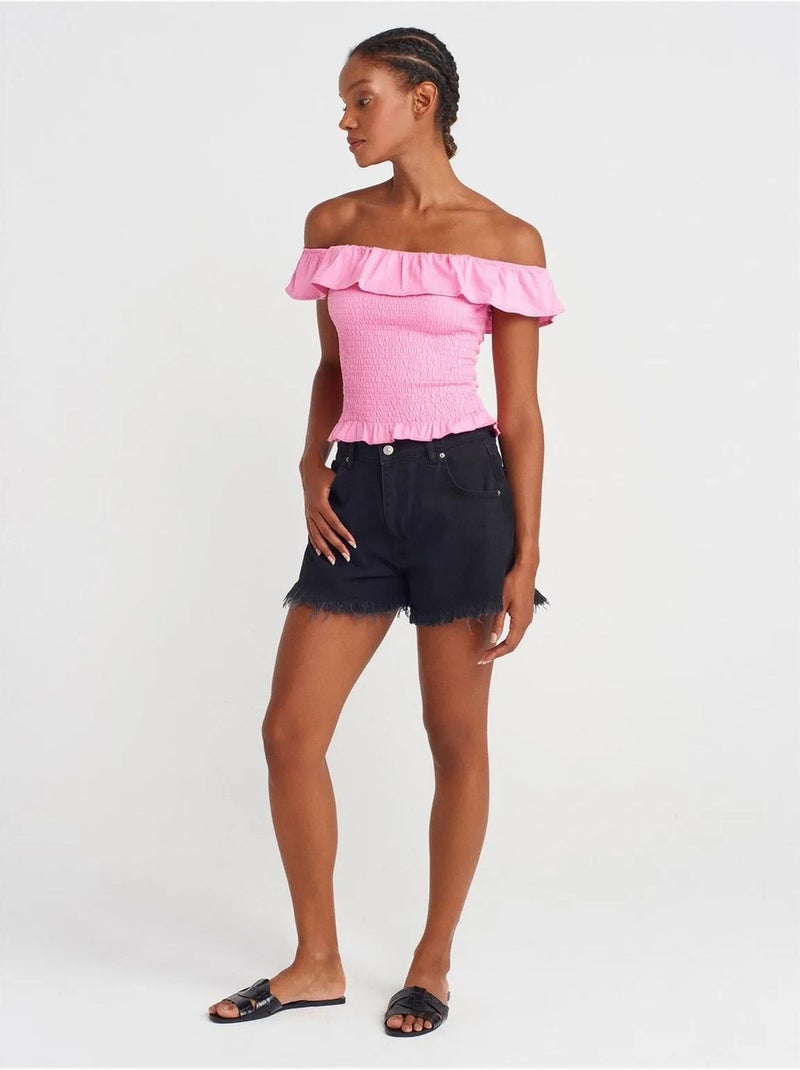 DILVIN Blouse Courte Femme À Épaules Dénudées, Côtelée Rose fluo/Solinotes - Kiabi