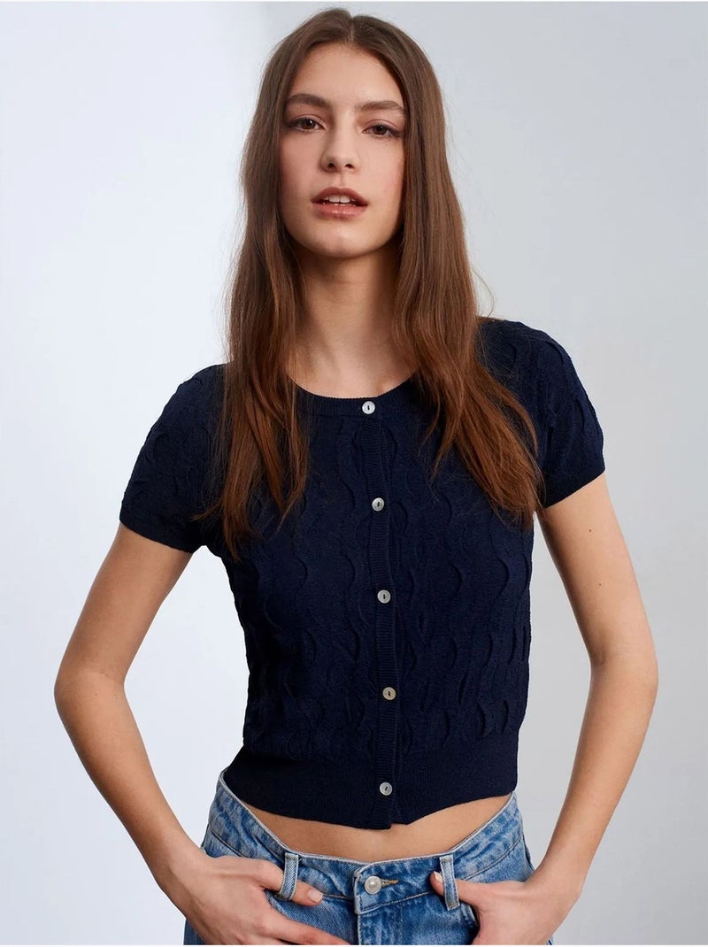 Dilvin cardigan court jacquard boutonné femme Bleu marine - Kiabi
