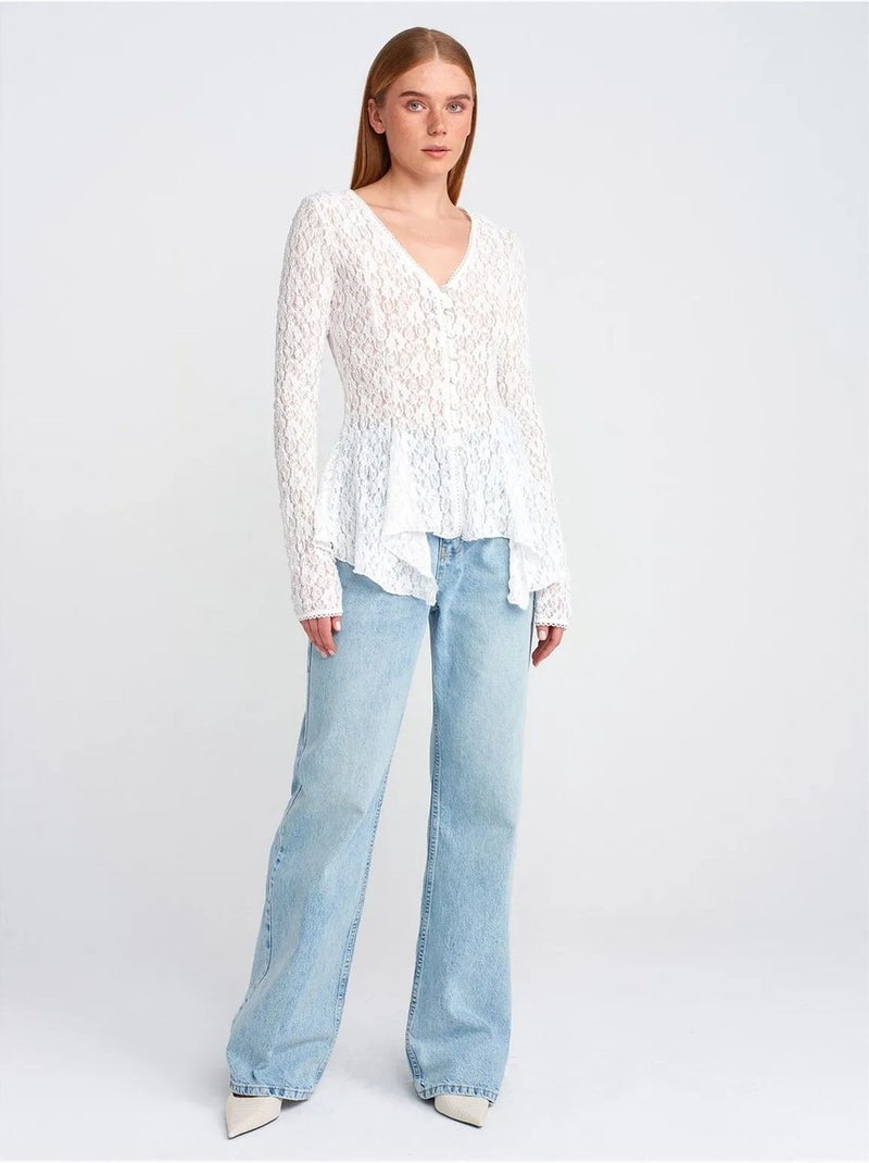 DILVIN Cardigan En Dentelle À Col V Et Boutons Blanc - Kiabi