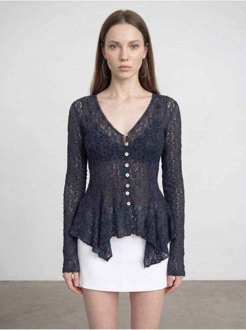 DILVIN Cardigan En Dentelle À Col V Et Boutons Bleu foncé - Kiabi