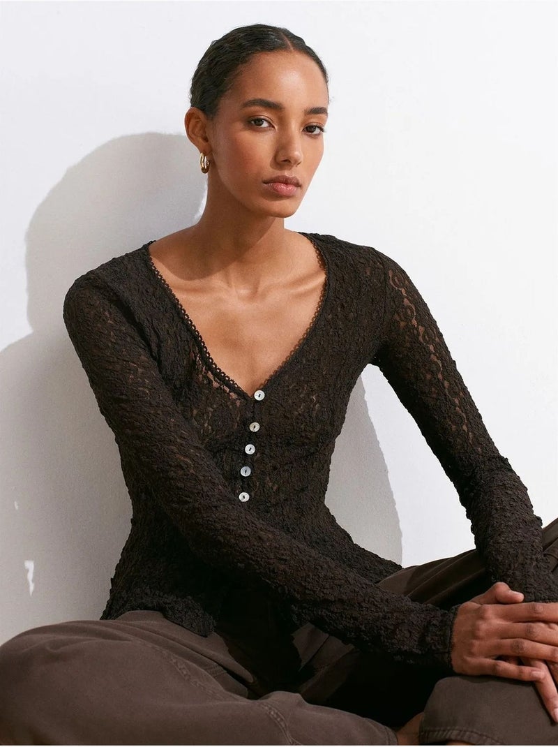 DILVIN Cardigan En Dentelle À Col V Et Boutons gris anthracite - Kiabi