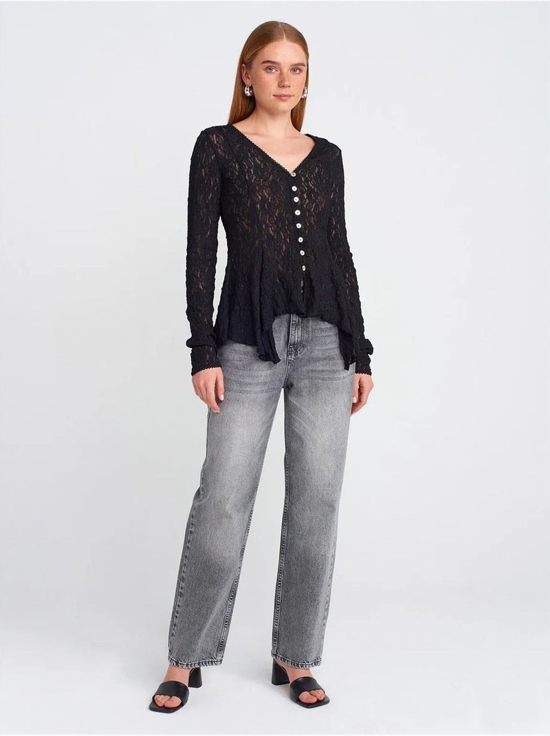 DILVIN Cardigan En Dentelle À Col V Et Boutons Noir - Kiabi
