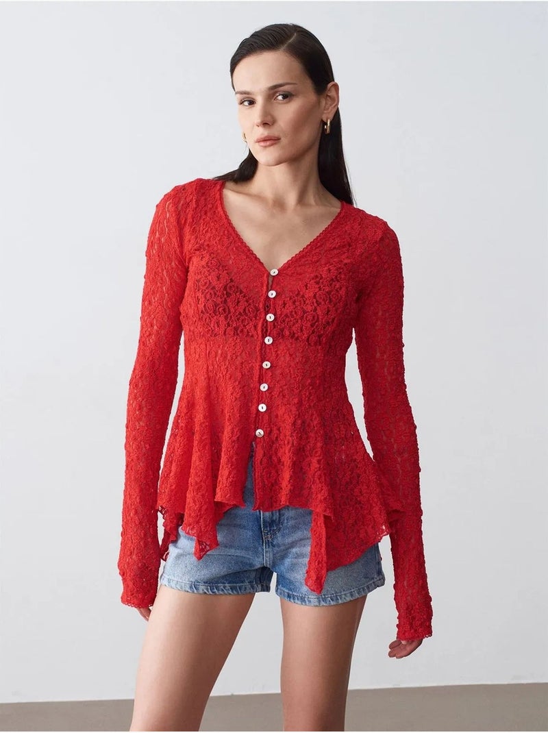 DILVIN Cardigan En Dentelle À Col V Et Boutons Rouge - Kiabi