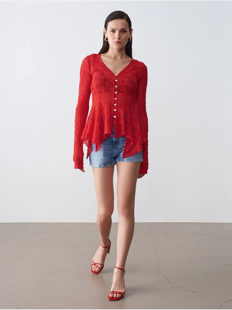 DILVIN Cardigan En Dentelle À Col V Et Boutons Rouge - Kiabi