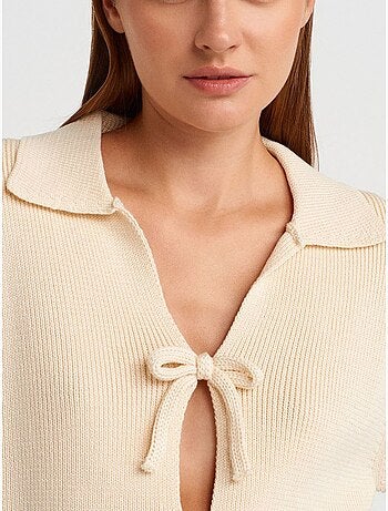 DILVIN Cardigan Femme En Maille Côtelée À Col Polo Et Lien