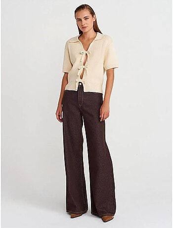 DILVIN Cardigan Femme En Maille Côtelée À Col Polo Et Lien