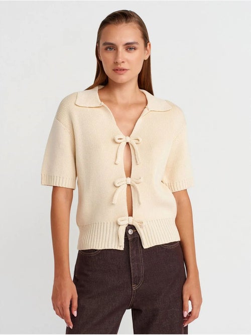 DILVIN Cardigan Femme En Maille Côtelée À Col Polo Et Lien - Kiabi