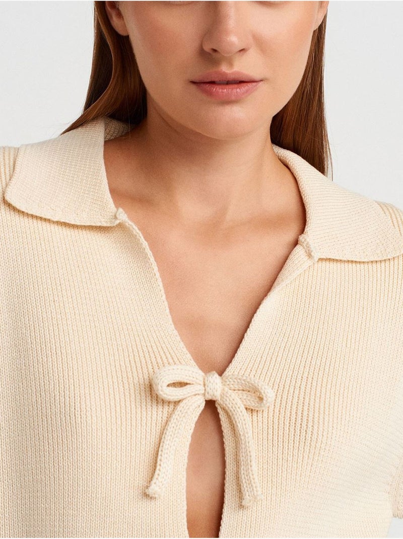 DILVIN Cardigan Femme En Maille Côtelée À Col Polo Et Lien Crème - Kiabi
