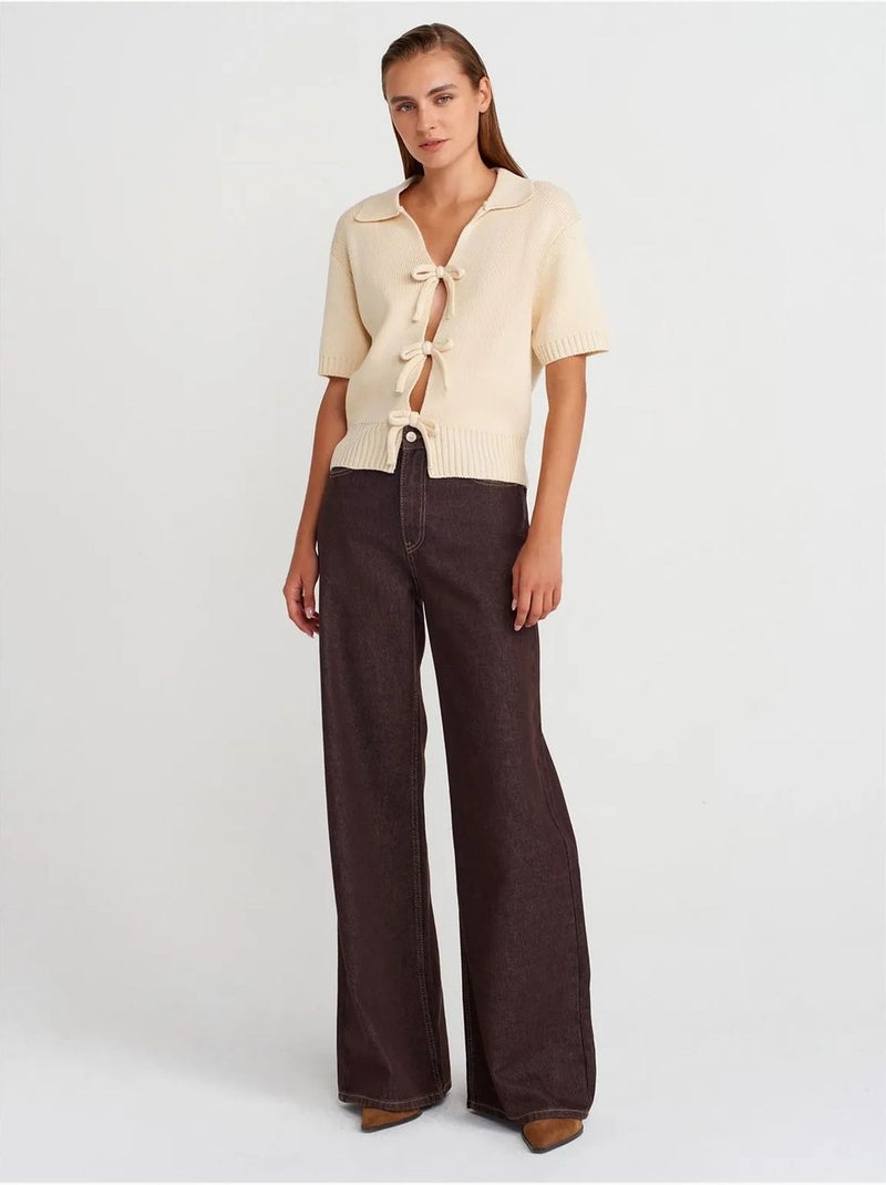 DILVIN Cardigan Femme En Maille Côtelée À Col Polo Et Lien Crème - Kiabi