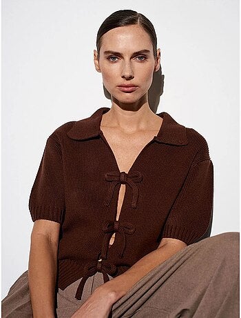 DILVIN Cardigan Femme En Maille Côtelée À Col Polo Et Lien