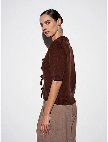 DILVIN Cardigan Femme En Maille Côtelée À Col Polo Et Lien