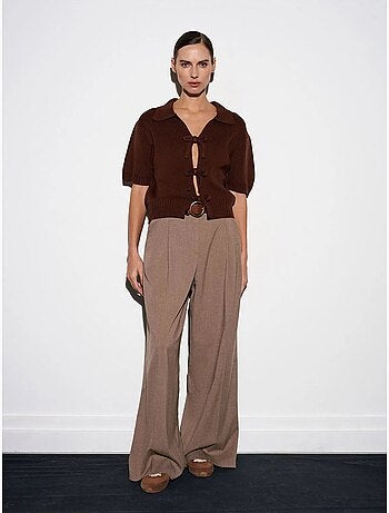 DILVIN Cardigan Femme En Maille Côtelée À Col Polo Et Lien