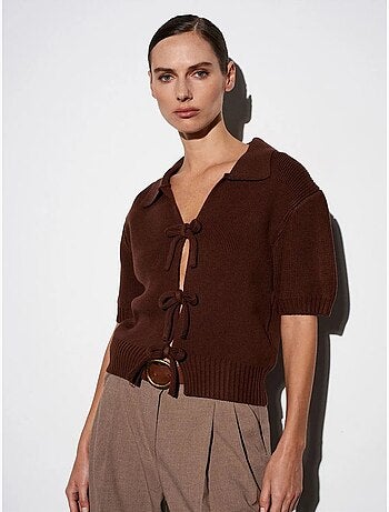 DILVIN Cardigan Femme En Maille Côtelée À Col Polo Et Lien