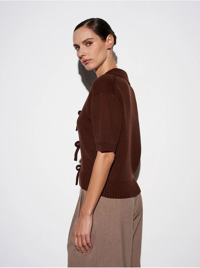 DILVIN Cardigan Femme En Maille Côtelée À Col Polo Et Lien Marron chocolat - Kiabi