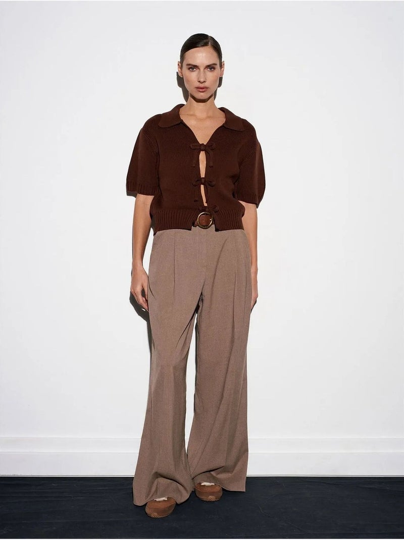 DILVIN Cardigan Femme En Maille Côtelée À Col Polo Et Lien Marron chocolat - Kiabi