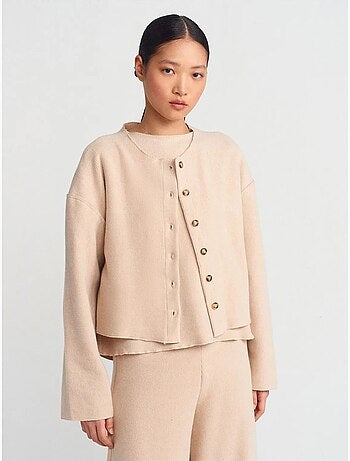 DILVIN Cardigan Femme En Maille Côtelée, Col Rond Et Boutons