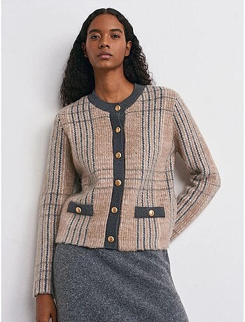 Dilvin cardigan jacquard à carreaux et col rond