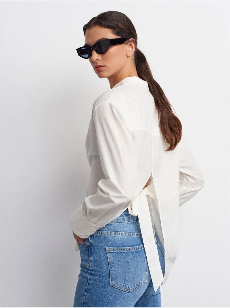 DILVIN Chemise Femme En Popeline De Coton Avec Lien Blanc - Kiabi