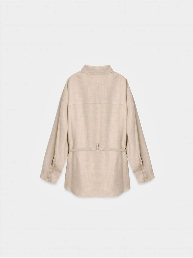 DILVIN Chemise Longue Tissée Avec Ceinture Beige - Kiabi