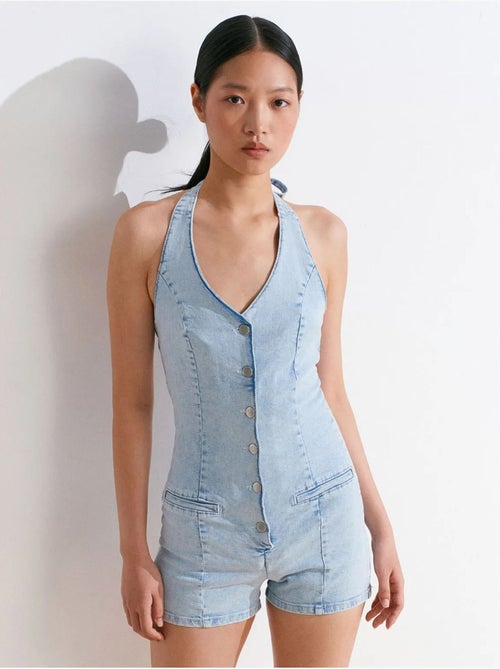 Dilvin combinaison courte en denim à col halter - Kiabi