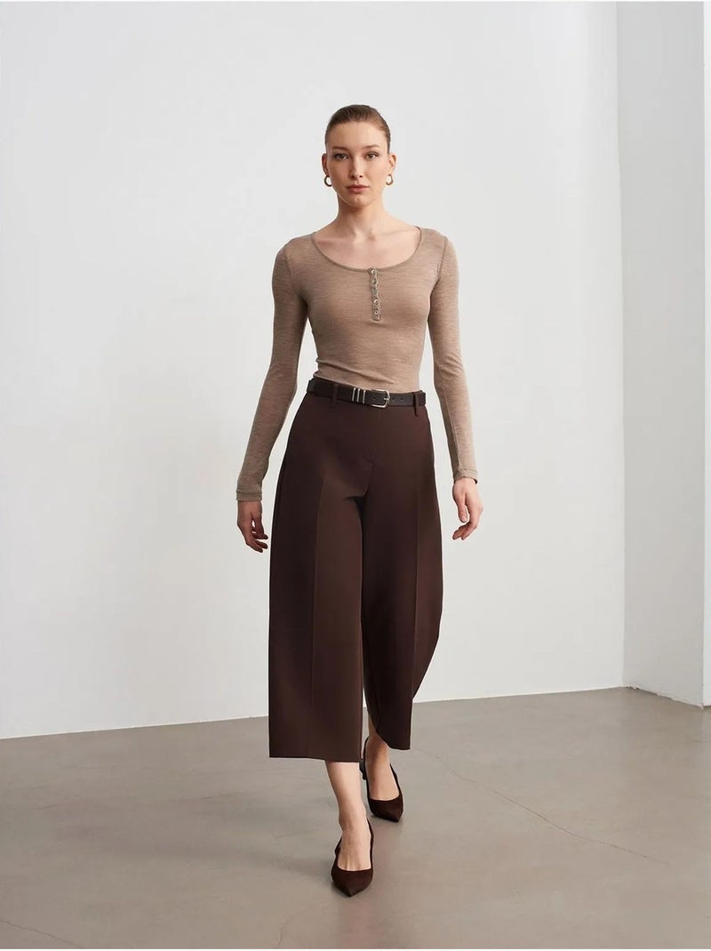 DILVIN Culotte En Crêpe À Taille Haute Et Ceinture Marron chocolat - Kiabi