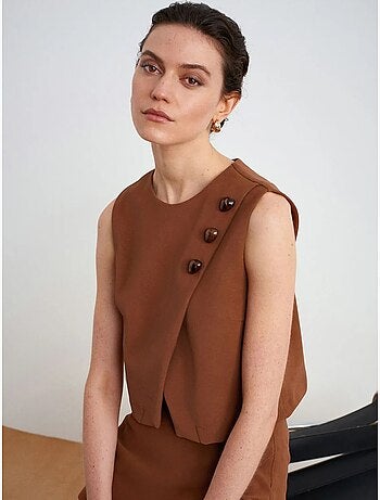 DILVIN Gilet Court En Simili Cuir À Boutons