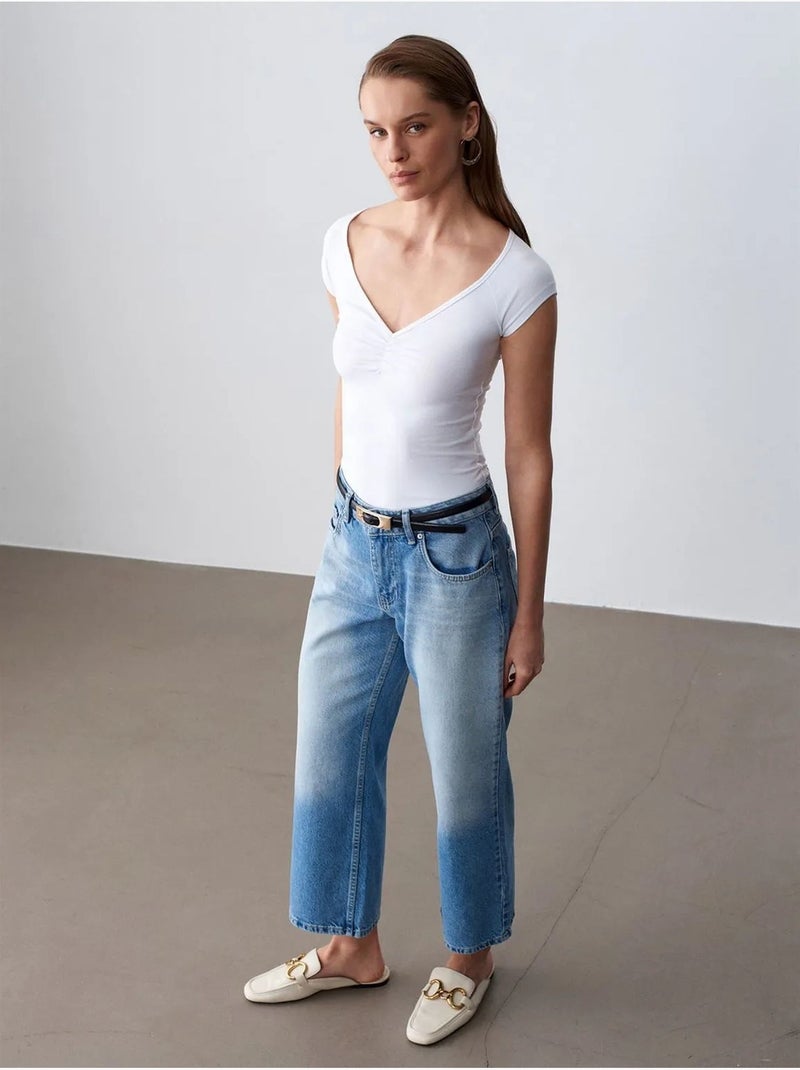 DILVIN Jean Capri Wide Leg À Taille Basse Bleu saphir - Kiabi