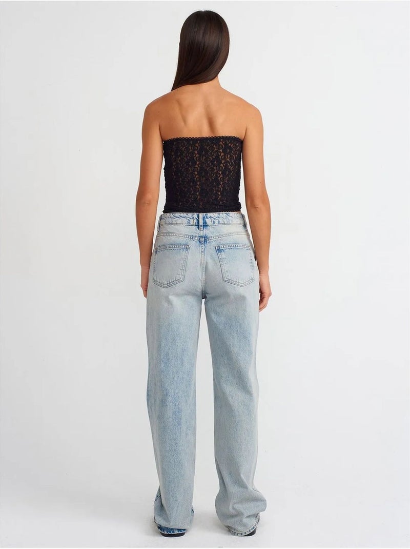 DILVIN Jean Droit En Coton À Taille Haute Bleu clair - Kiabi